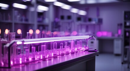 Purple glowing tube row in a laboratory for testing - obrazy, fototapety, plakaty
