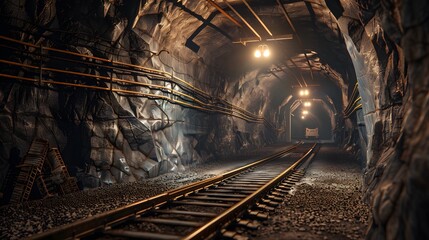 Fototapeta na wymiar Underground coal mine with rails and trolley 