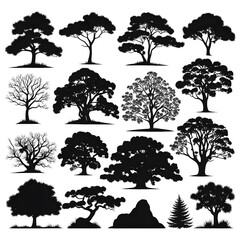 Fototapeta premium Set of silhouettes of trees, bushes and grass 