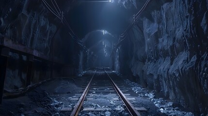 Underground coal mine with rails and trolley
 - obrazy, fototapety, plakaty