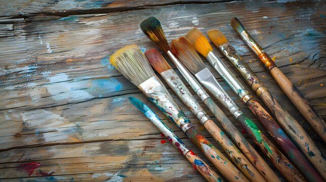 Row of artist paintbrushes closeup on artistic wooden background. Brushes with colorful paints