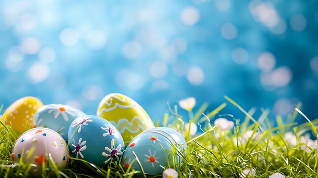 Easter eggs in grass against blue blooming background. Spring holidays concept.