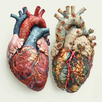 Illustrative comparison between a healthy human heart and one affected by disease, showing detailed anatomical differences.