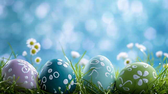 Easter eggs in grass against blue blooming background. Spring holidays concept.