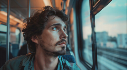 Dark-haired young man looking out the window of a moving train