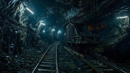 Underground coal mine with rails and trolley
