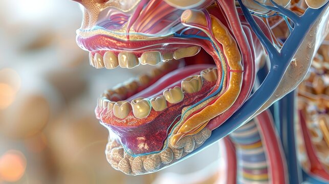 This medical illustration provides a detailed cross-sectional view of the human head with a focus on oral anatomy, including teeth, jaw, and associated structures.