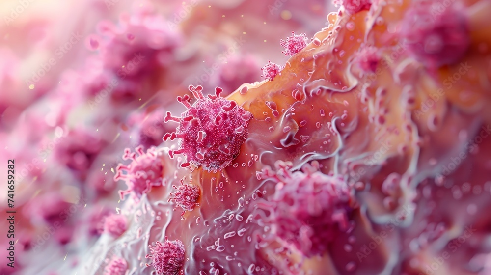 Poster close-up 3d of viruses attaching to the cellular surface, highlighting the interaction between patho