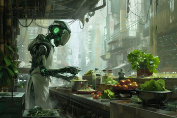 Imagine a cybernetically enhanced chef innovating with plant based substitutes in a gritty metropolis