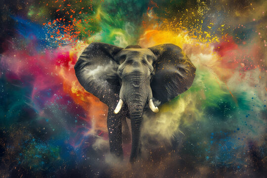 Experiment with different textures and brushstrokes to depict an elephant emerging from a hole surrounded by an explosion of rainbow colors