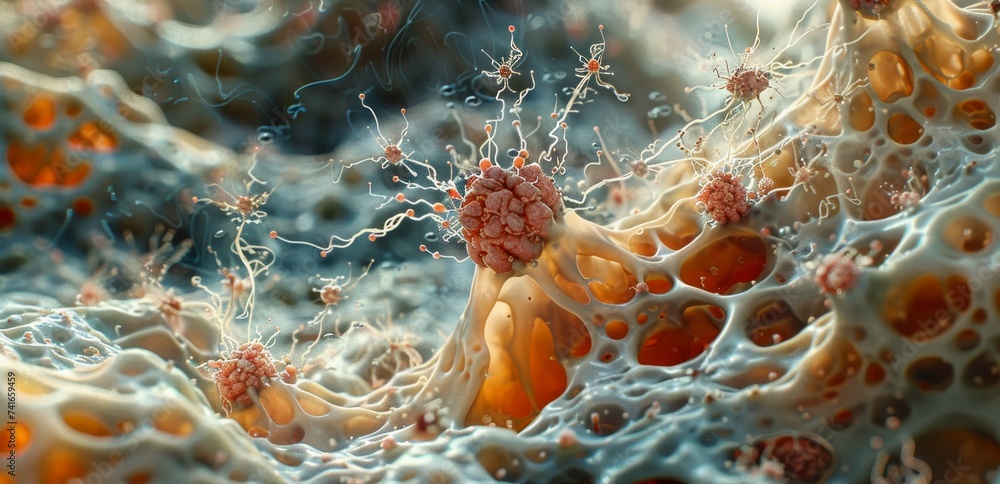 Aufkleber microscopic simulation of a cancer cell surrounded by neutrophils in a dynamic and detailed visualiz