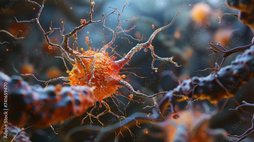 Poster digital visualization of a neuron within a network displaying synaptic activity and connectivity.