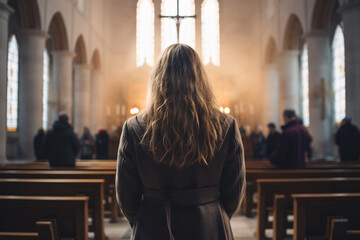 Back view of woman in catholic church with blurry people