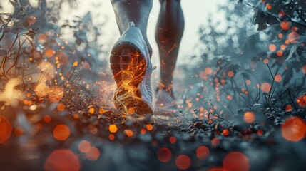 A runner's shoe emitting a fiery trail of sparks is captured mid-stride on a forest path, conveying motion and energy. - obrazy, fototapety, plakaty