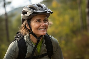 Portrait of a smiling senior woman with bicycle helmet in the forest