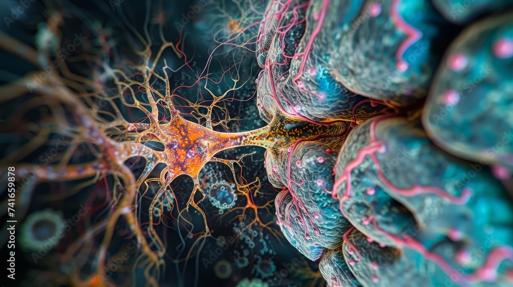Poster a detailed visualization of a neuronal network with synapse connectivity, showcasing the complex int