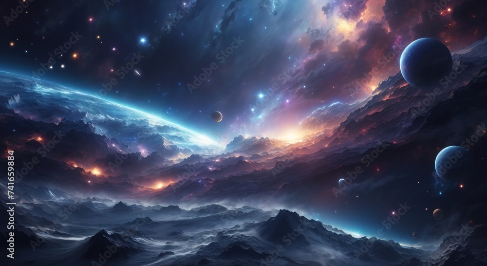 Wall mural Outer space landscape with waves of energy light and a cinematic background