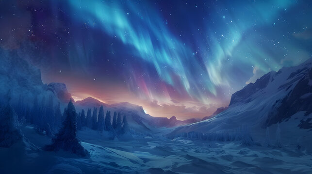 sunrise in the mountains 3d image,
Northern landscape aurora borealis snow covered mountains and milky way stars at sky