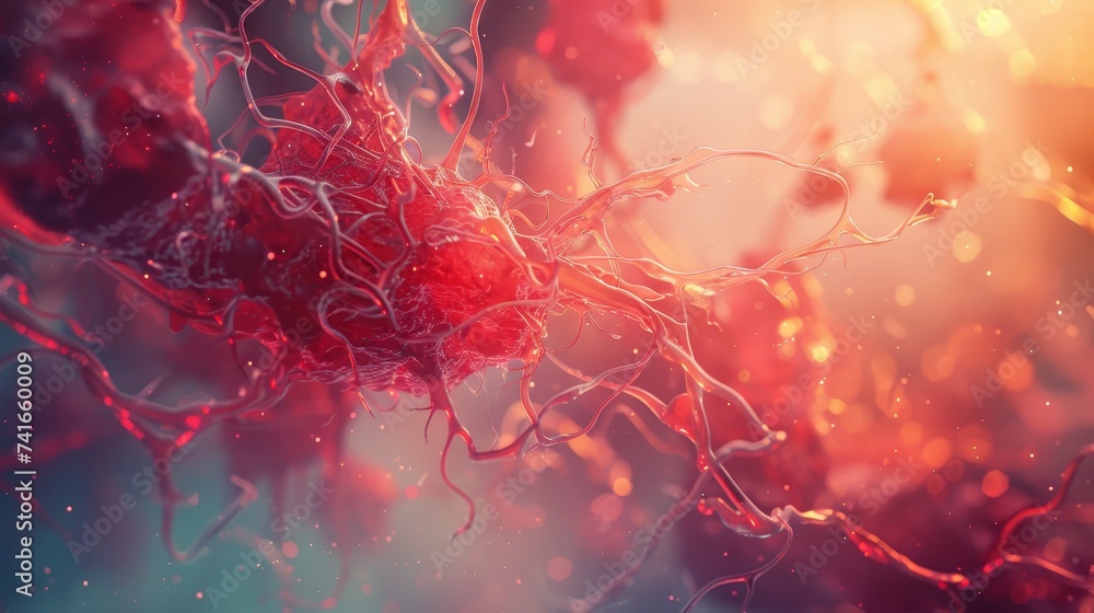 Poster detailed visualization of interconnected neuronal networks and synapses in vibrant red hues, highlig