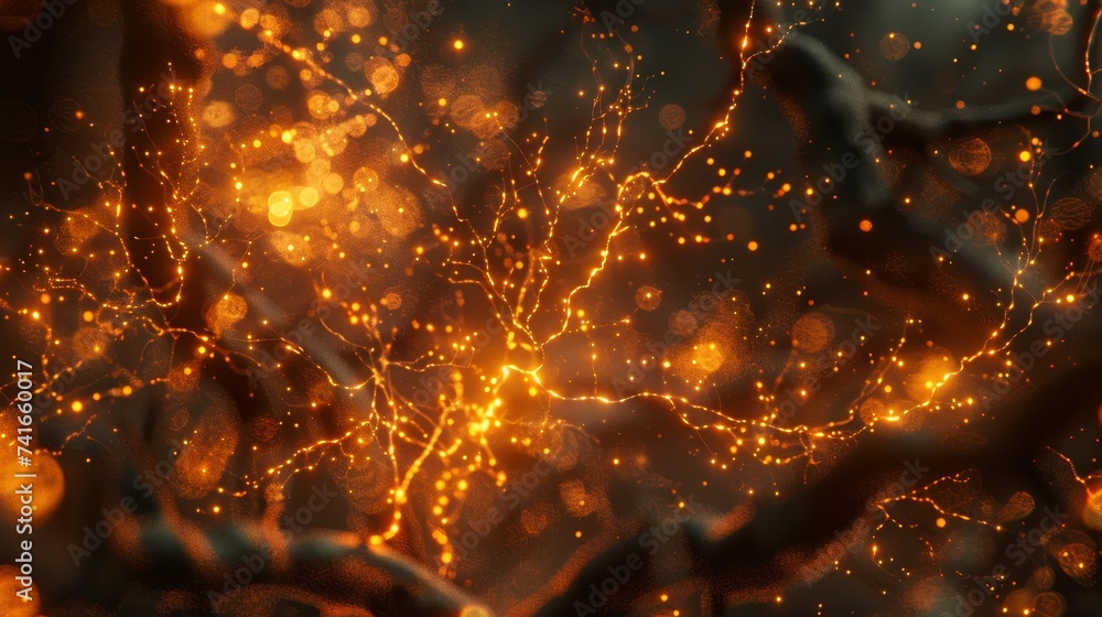 Poster a warm, glowing visualization of a neuronal network with a focus on synapses and neurons, simulating