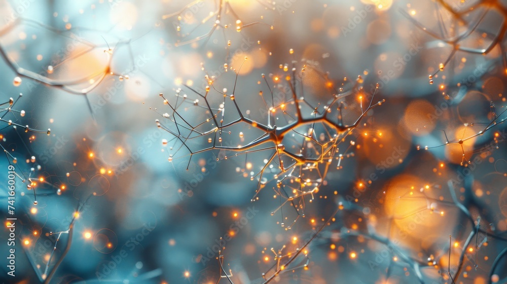 Poster abstract representation of a neural network with synaptic connections and glowing nodes on a blue ba