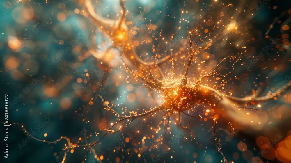 Poster digital rendering of a single neuron with extended synaptic connections, glowing brightly against a 