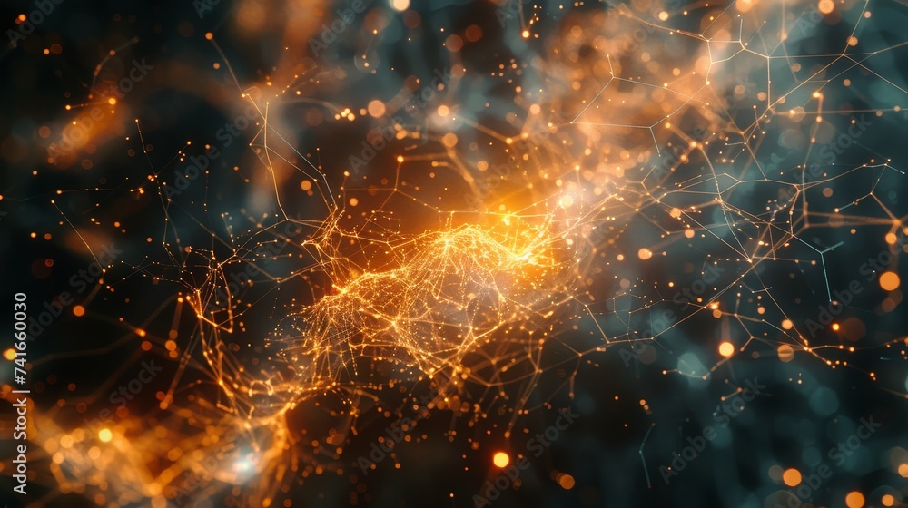Poster highly detailed image of a complex neural network with numerous luminous connections, symbolizing br