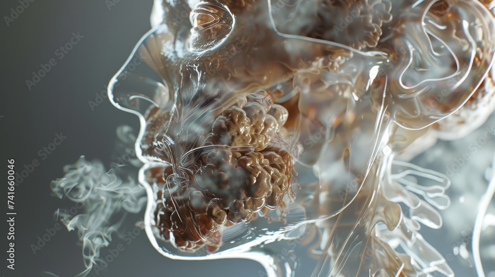 Poster abstract visualization of a human brain with emphasis on synaptic transmission, using translucent ov