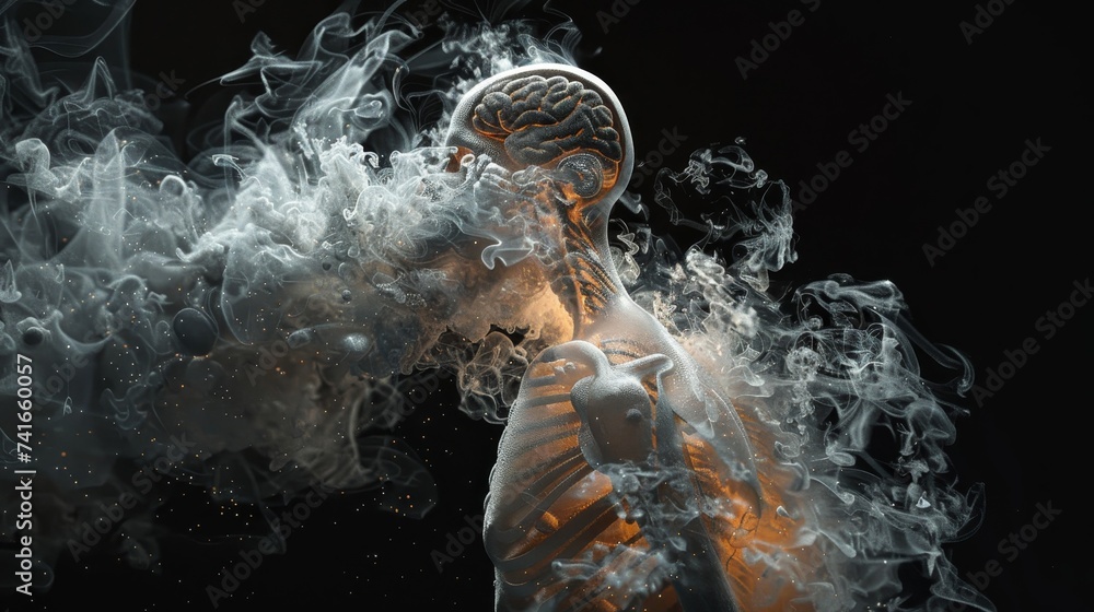 Poster a conceptual image of the human brain and cognitive process with an ethereal smoke effect, symbolizi