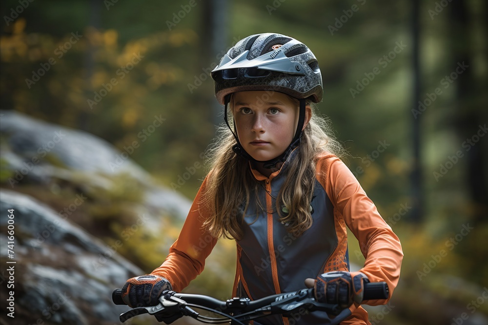 Poster Portrait of a girl in a helmet on a mountain bike.