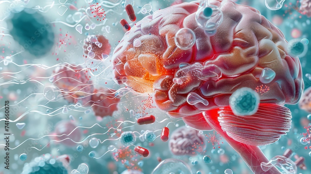 Poster digital rendering of a human brain immersed in synaptic activity with neurotransmitters and neural c