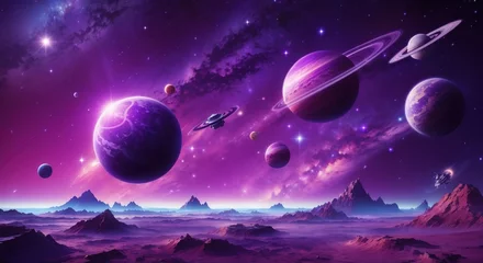 Gordijnen Space background with purple planet landscape © MochSjamsul