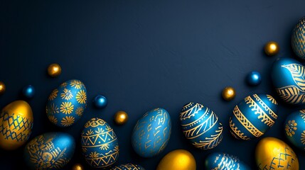 Frame background with gold and blue easter eggs with copy space for text