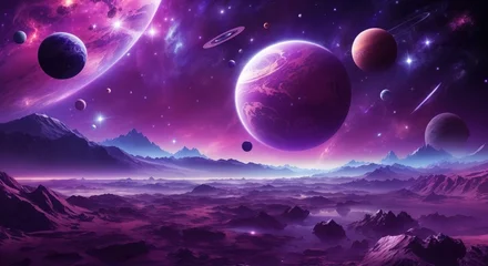 Keuken spatwand met foto Space background with purple planet landscape © MochSjamsul