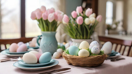 Cute table setup for Easter breakfast - obrazy, fototapety, plakaty