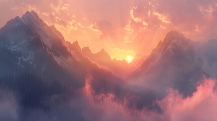 sunrise over the mountains,
Sunset over the foggy mountains in anime style