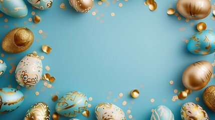 Frame background with gold and blue easter eggs with copy space for text