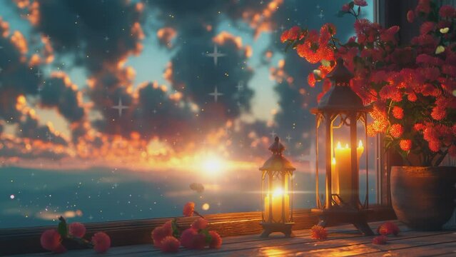 Behind the window ador ned with lanterns casting. seamless looping time-lapse animation video background


