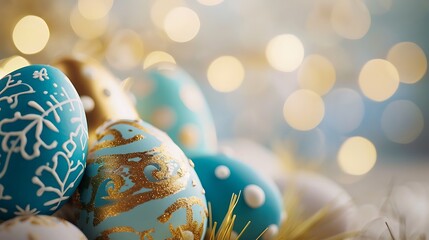 Frame background with gold and blue easter eggs with copy space for text