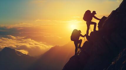 Two hikers climbing a rocky mountain as the sun rises, illuminating a sea of clouds..