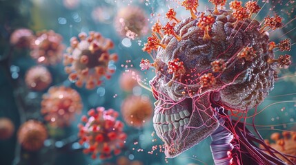A striking illustrative depiction of a human brain being enveloped by virus particles, symbolizing a viral infection affecting the nervous system.