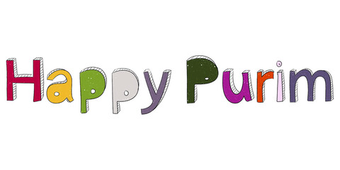 Happy purim hand drawn lettering. colorful title of Israeli holiday