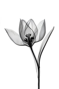 Illustration of an abstract black flower in x-ray style on a white background. Black and white minimalistic botanical design.