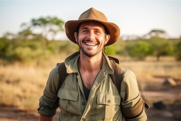 Portrait of a happy young man in safari hat smiling at camera