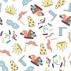 Happy Purim seamless pattern. Wrapping paper template, background, wallpaper