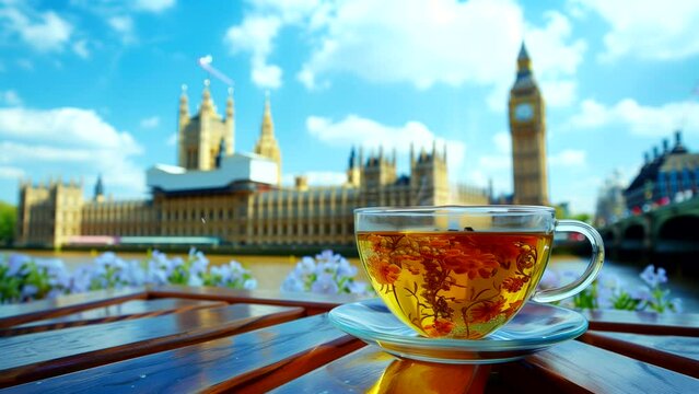 Enjoying cup of tea on the table with view Big Ben in daytime. seamless looping 4k time-lapse animation video background 