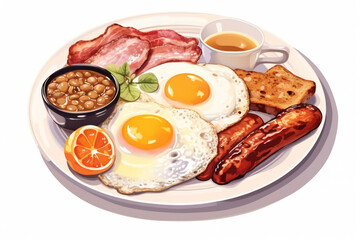 Delicious English Breakfast on Wooden Plate: Crispy Fried Bacon, Toasted Bread with Egg, Sausage, and Roasted Tomato
