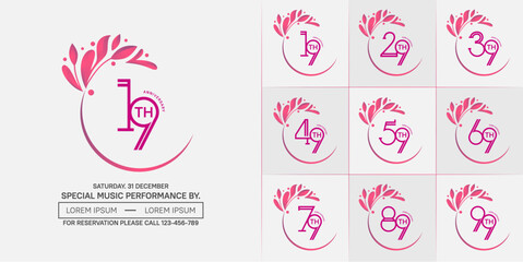 set of anniversary logotype pink color with swoosh and ornament for special celebration event