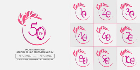 set of anniversary logotype pink color with swoosh and ornament for special celebration event