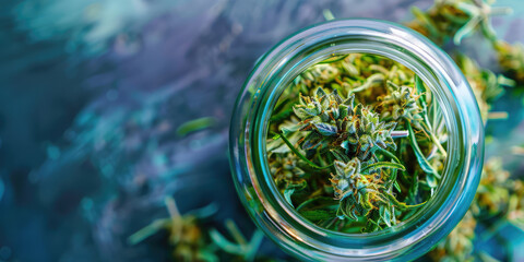 Herbal Preservation Dried cannabis hemp buds in Glass Jar. Close-up of a sealed jar filled with green herbs on a table background with copy space. - obrazy, fototapety, plakaty